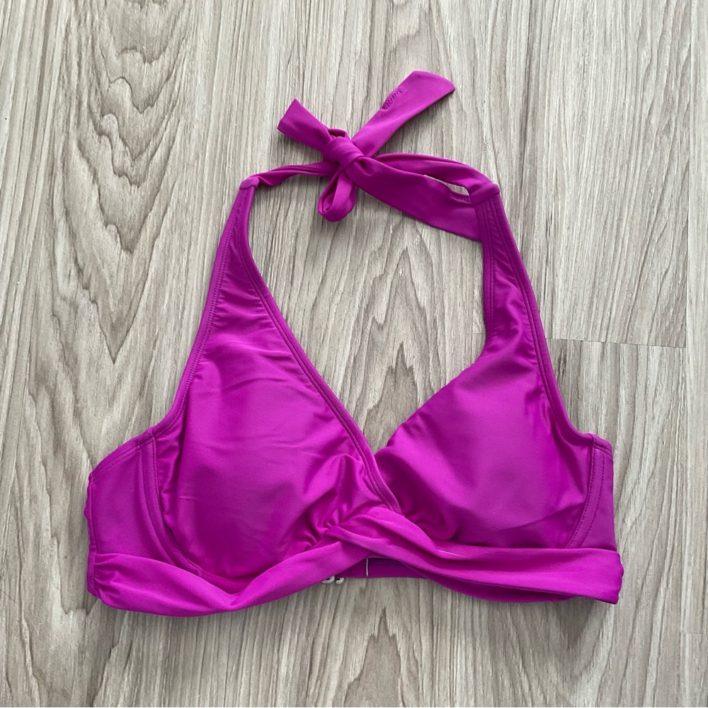 Athleta Fuschia Halter Tie Neck Crossed Front Bikini Top Size 36 B/C Pool Beach